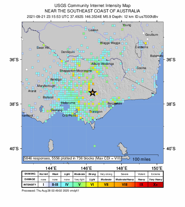 USGS DYFI community-reported intensity map for the M5.9 earthquake near 39 km S of Mount Buller, Australia