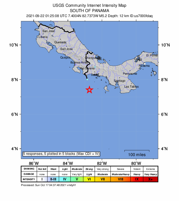 USGS DYFI community-reported intensity map for the M5.2 earthquake near 71 km SSE of Burica, Panama