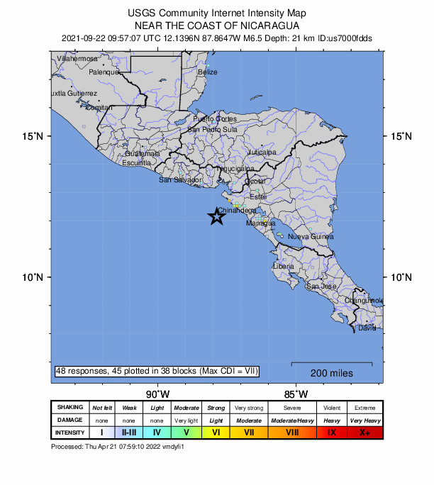 USGS DYFI community-reported intensity map for the M6.5 earthquake near 80 km SW of Jiquilillo, Nicaragua
