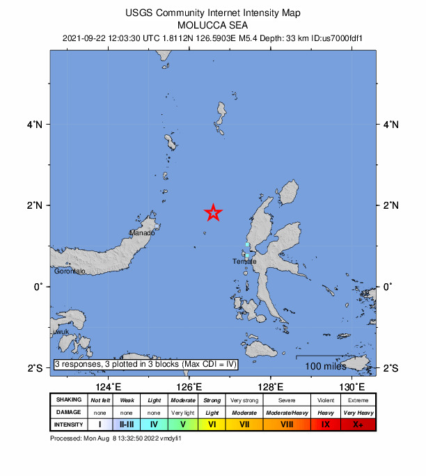 USGS DYFI community-reported intensity map for the M5.4 earthquake near 143 km NW of Ternate, Indonesia