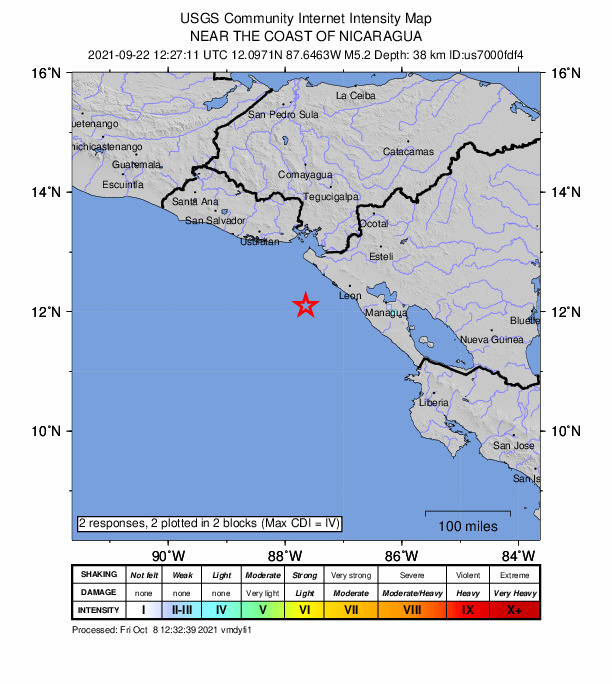 USGS DYFI community-reported intensity map for the M5.2 earthquake near 66 km SW of Corinto, Nicaragua
