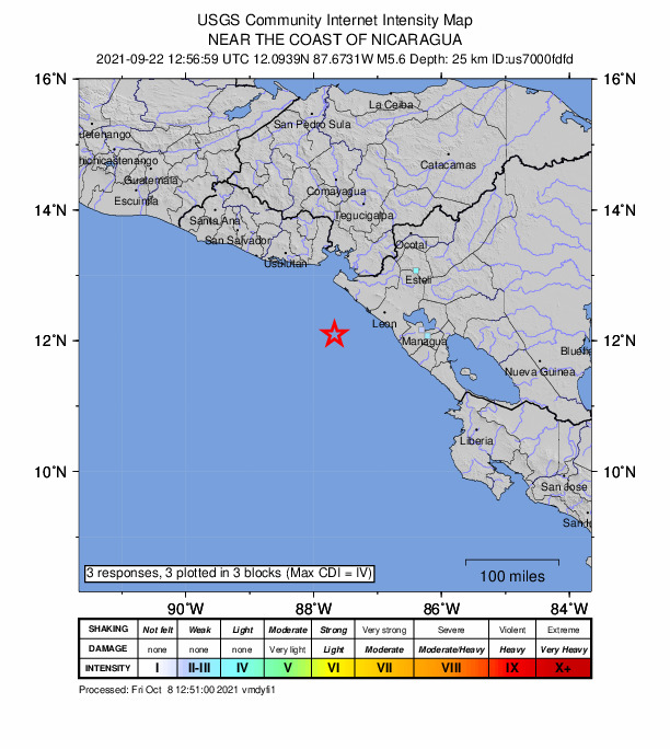 USGS DYFI community-reported intensity map for the M5.6 earthquake near 69 km SW of Corinto, Nicaragua