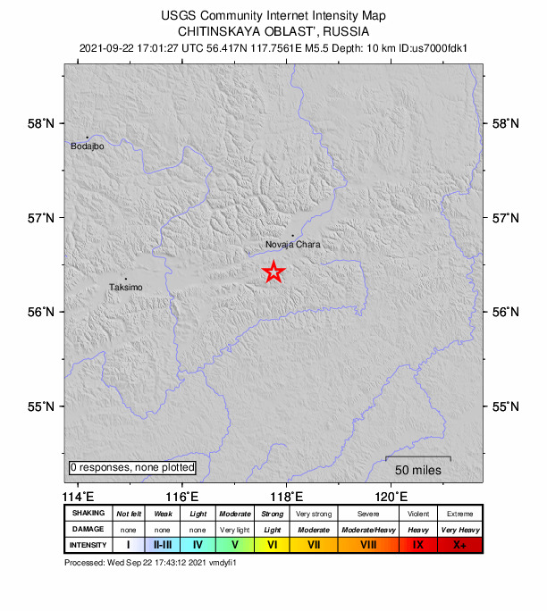 USGS DYFI community-reported intensity map for the M5.3 earthquake near 55 km SW of Novaya Chara, Russia