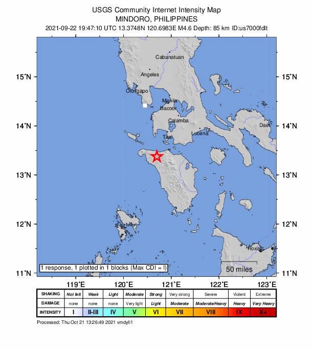 USGS DYFI community-reported intensity map for the M4.6 earthquake near 6 km NE of Cabacao, Philippines