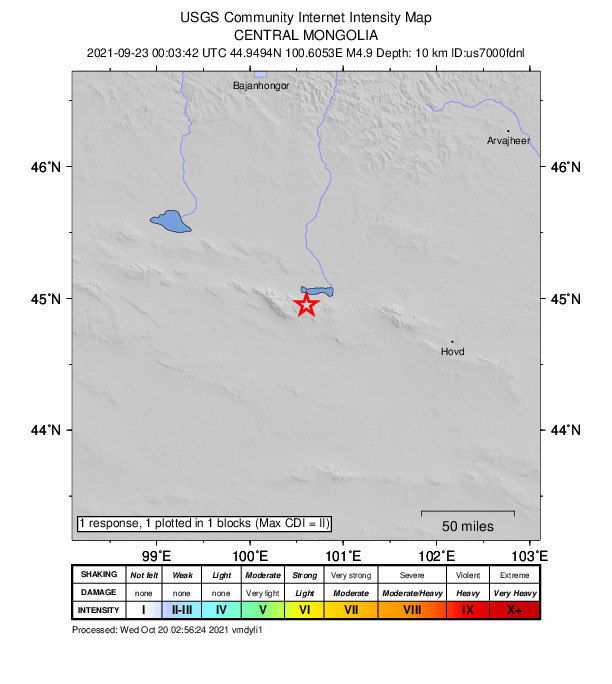 USGS DYFI community-reported intensity map for the M4.9 earthquake near 127 km WNW of Hovd, Mongolia