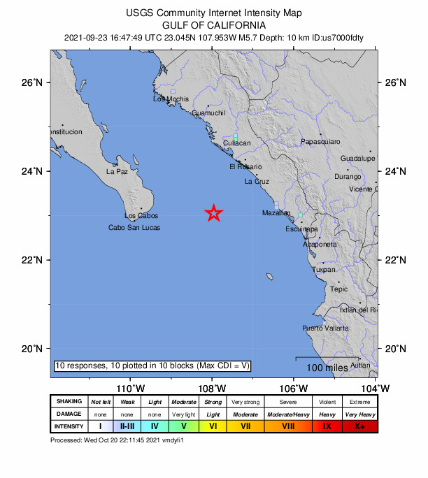 USGS DYFI community-reported intensity map for the M5.7 earthquake near 140 km SW of Empaque Tarriba, Mexico