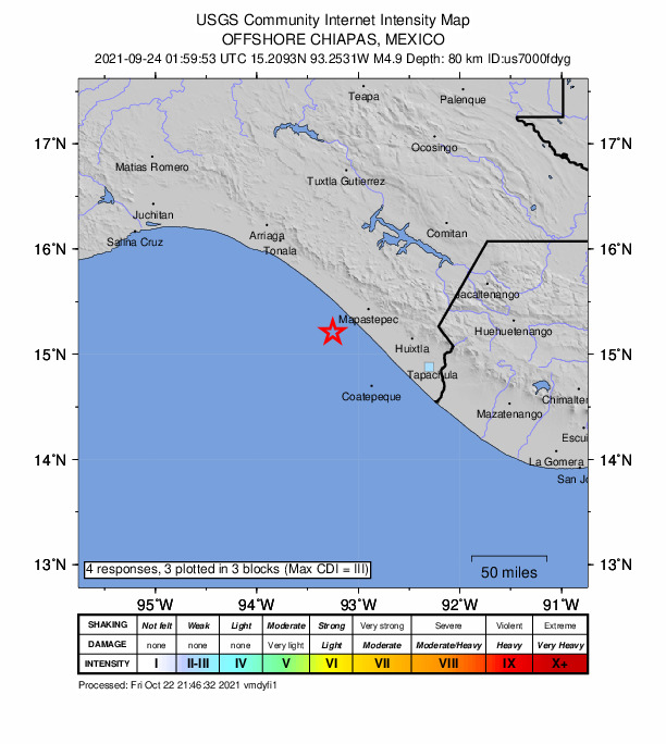 USGS DYFI community-reported intensity map for the M4.9 earthquake near 27 km SSW of La Esperanza (El Zapotal), Mexico