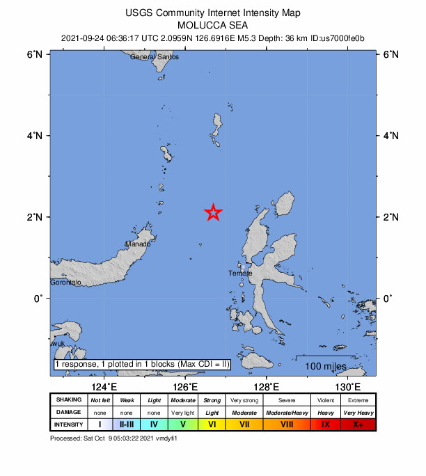 USGS DYFI community-reported intensity map for the M5.3 earthquake near 152 km WNW of Tobelo, Indonesia