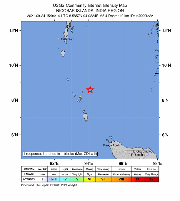 USGS DYFI community-reported intensity map for the M5.4 earthquake near Nicobar Islands, India region