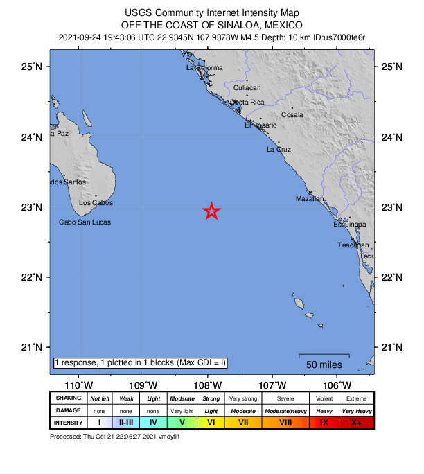 USGS DYFI community-reported intensity map for the M4.5 earthquake near 148 km SW of Empaque Tarriba, Mexico