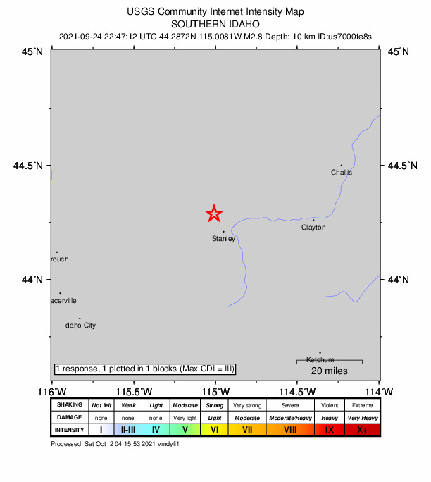USGS DYFI community-reported intensity map for the M2.8 earthquake near 9 km NW of Stanley, Idaho