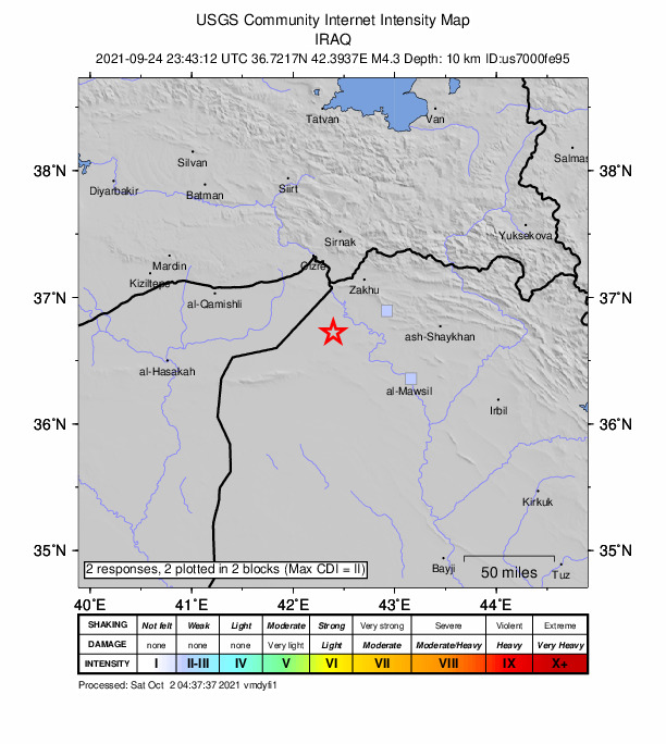 USGS DYFI community-reported intensity map for the M4.4 earthquake near 51 km S of Çiftlikköyü, Turkey