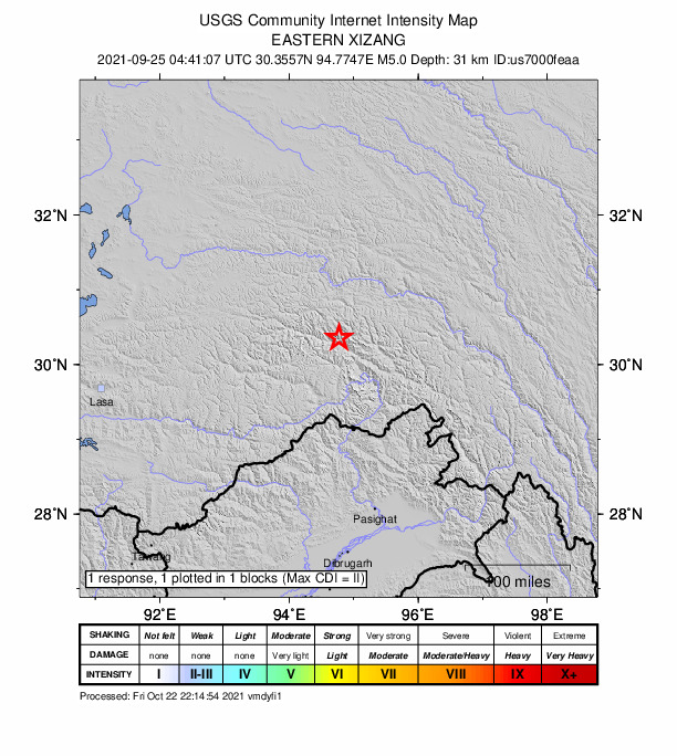 USGS DYFI community-reported intensity map for the M5.0 earthquake near 206 km N of Shi Yomi, India