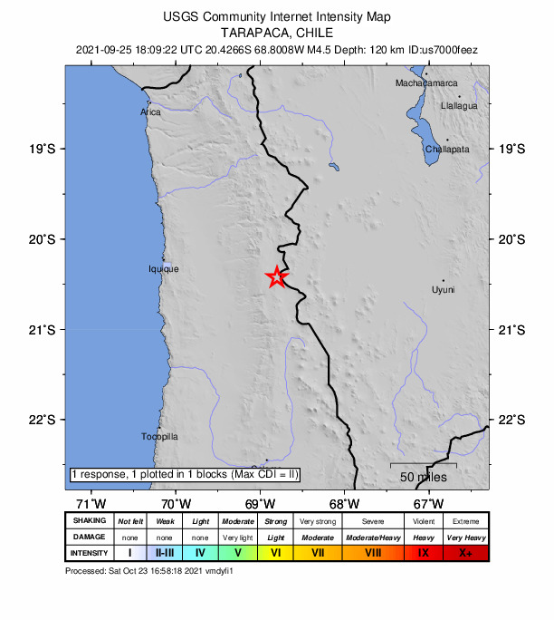 USGS DYFI community-reported intensity map for the M4.5 earthquake near 142 km E of Iquique, Chile