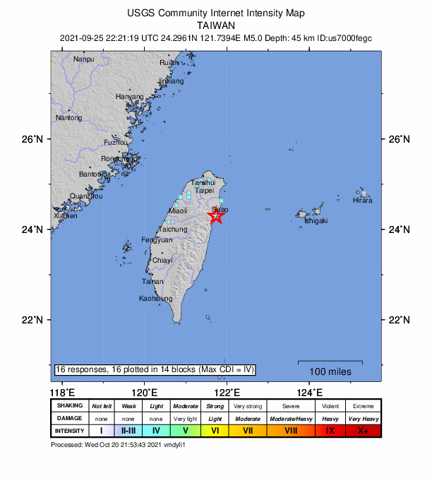 USGS DYFI community-reported intensity map for the M5.0 earthquake near 37 km NNE of Hualien City, Taiwan