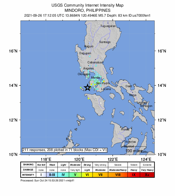 USGS DYFI community-reported intensity map for the M5.7 earthquake near 12 km W of Talisay, Philippines