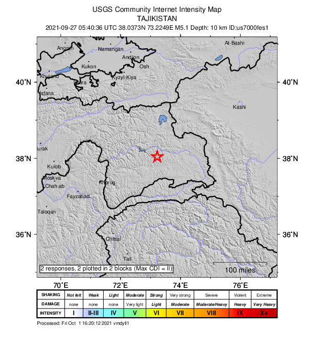 USGS DYFI community-reported intensity map for the M5.1 earthquake near 66 km WSW of Murghob, Tajikistan