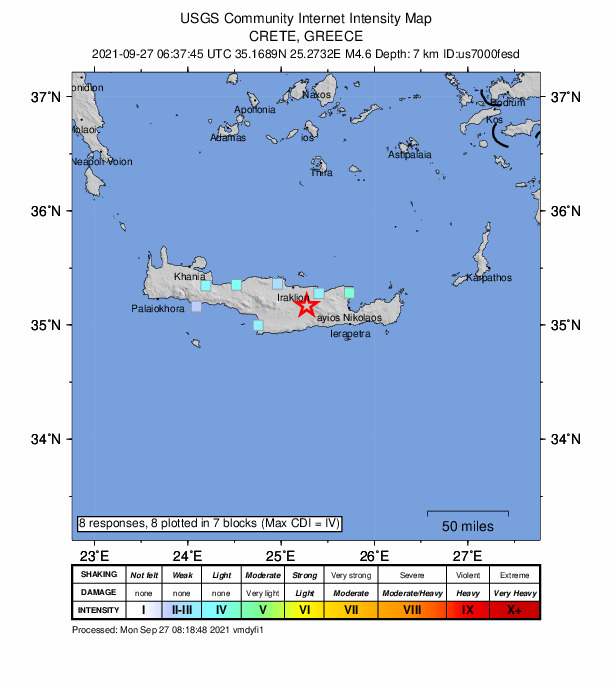 USGS DYFI community-reported intensity map for the M4.7 earthquake near 6 km S of Arkalochóri, Greece