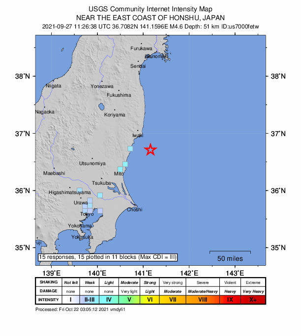 USGS DYFI community-reported intensity map for the M4.6 earthquake near 38 km ESE of Kitaibaraki, Japan