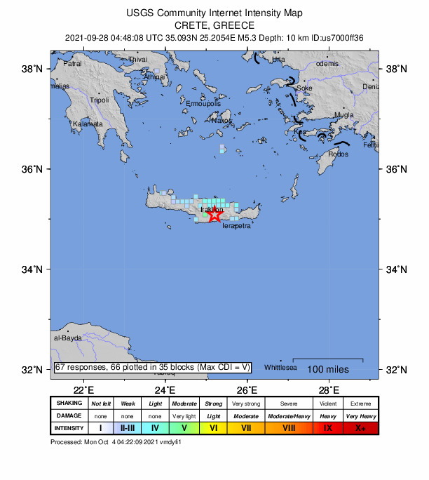 USGS DYFI community-reported intensity map for the M5.3 earthquake near 9 km SW of Arkalochóri, Greece