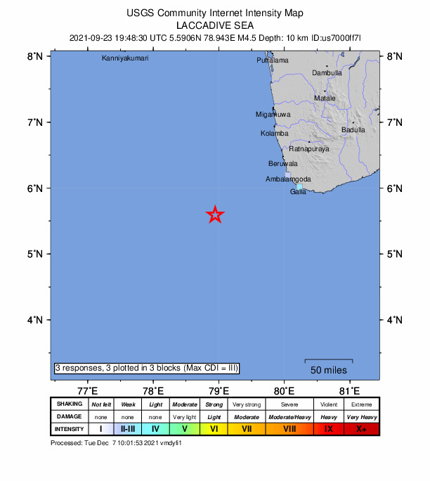 USGS DYFI community-reported intensity map for the M4.5 earthquake near Laccadive Sea