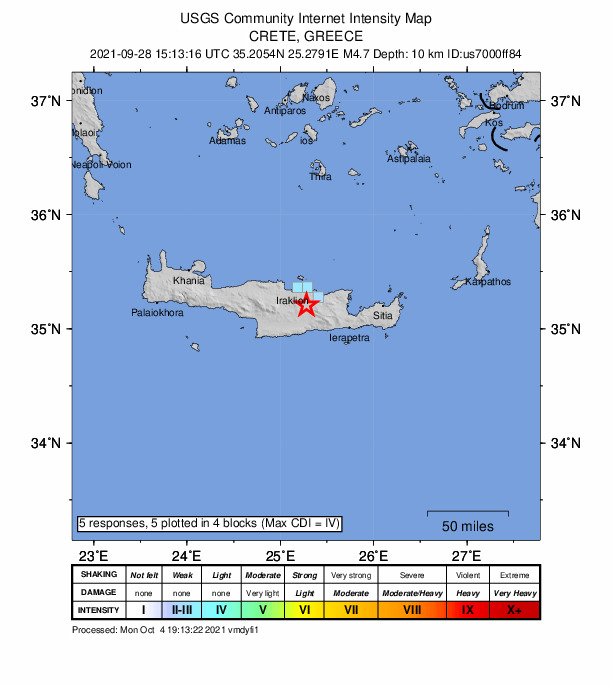 USGS DYFI community-reported intensity map for the M4.7 earthquake near 1 km N of Thrapsanón, Greece