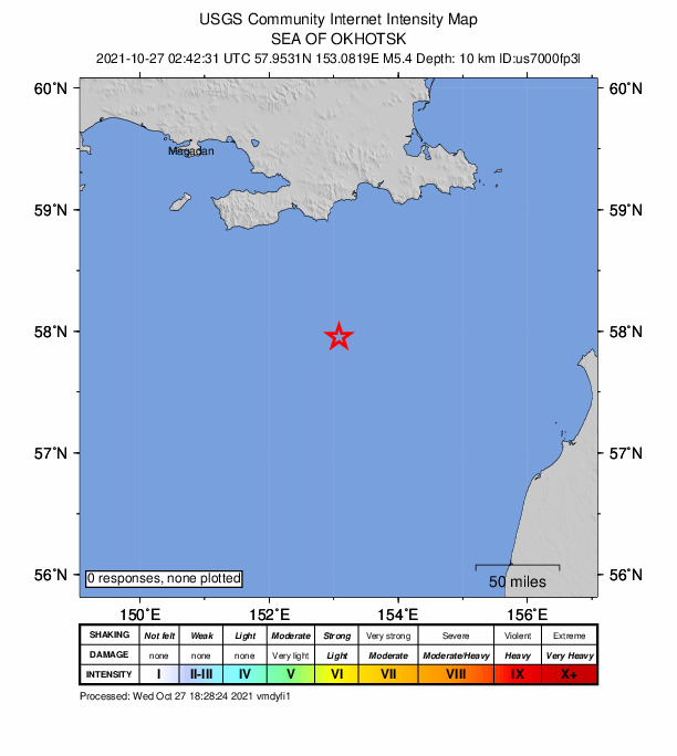 USGS DYFI community-reported intensity map for the M4.9 earthquake near 214 km SSE of Ola, Russia