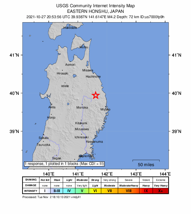 USGS DYFI community-reported intensity map for the M4.2 earthquake near 41 km SE of Ichinohe, Japan