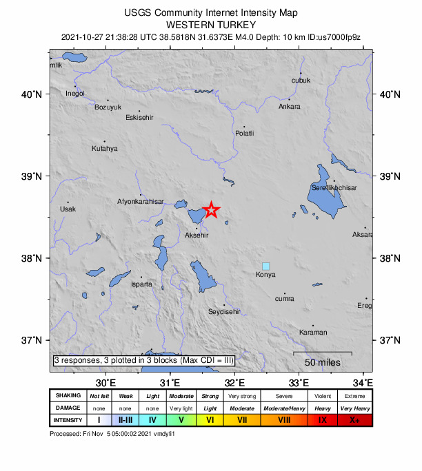 USGS DYFI community-reported intensity map for the M4.0 earthquake near 11 km N of Tuzlukçu, Turkey