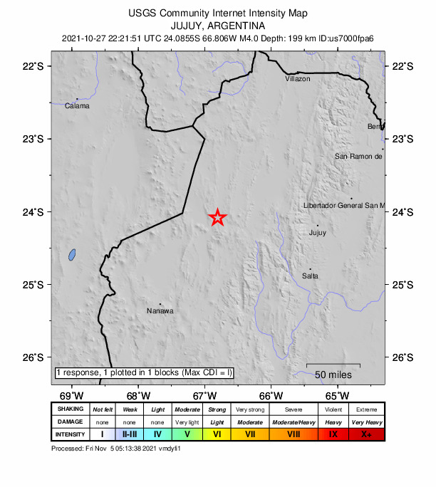 USGS DYFI community-reported intensity map for the M4.0 earthquake near 51 km WNW of San Antonio de los Cobres, Argentina
