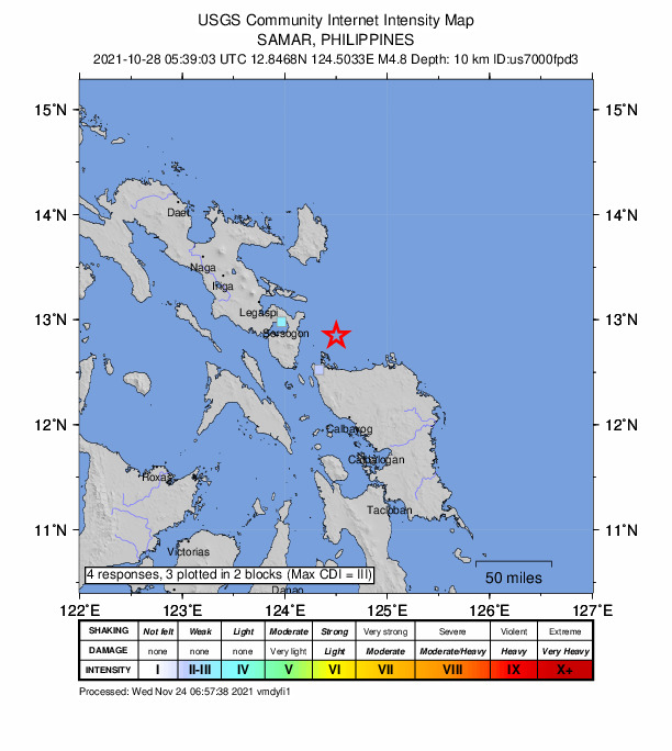 USGS DYFI community-reported intensity map for the M4.8 earthquake near 23 km NE of Biri, Philippines