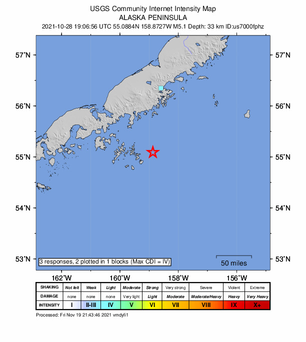 USGS DYFI community-reported intensity map for the M5.1 earthquake near 95 km SSE of Perryville, Alaska