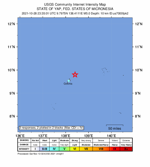 USGS DYFI community-reported intensity map for the M5.0 earthquake near 44 km NE of Colonia, Micronesia