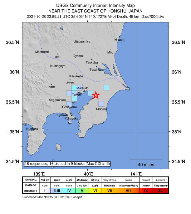 USGS DYFI community-reported intensity map for the M4.4 earthquake near 4 km S of Yotsukaid?, Japan