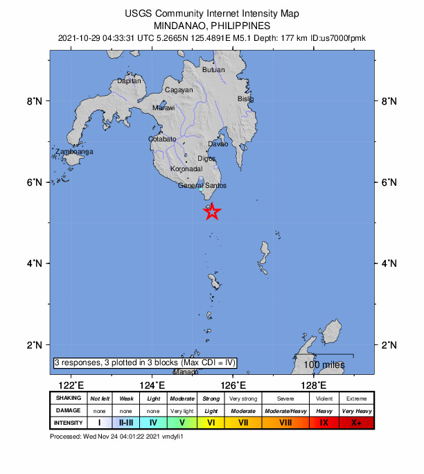 USGS DYFI community-reported intensity map for the M5.1 earthquake near 15 km S of Sarangani, Philippines