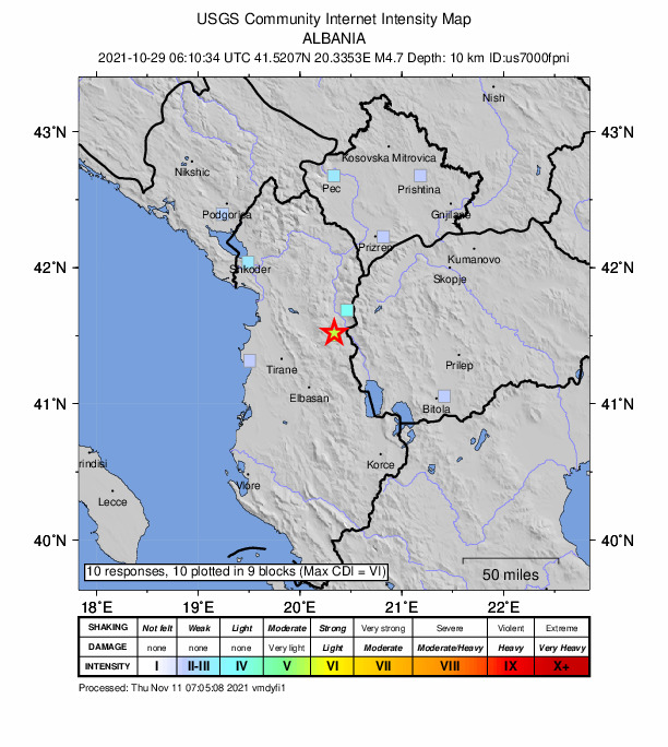 USGS DYFI community-reported intensity map for the M4.7 earthquake near 9 km ENE of Bulqizë, Albania