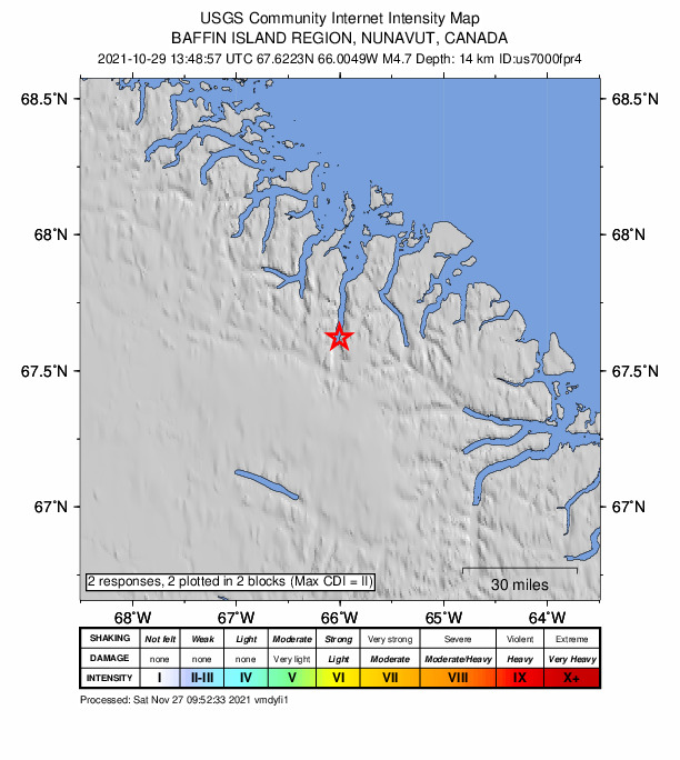 USGS DYFI community-reported intensity map for the M4.7 earthquake near 165 km N of Pangnirtung, Canada