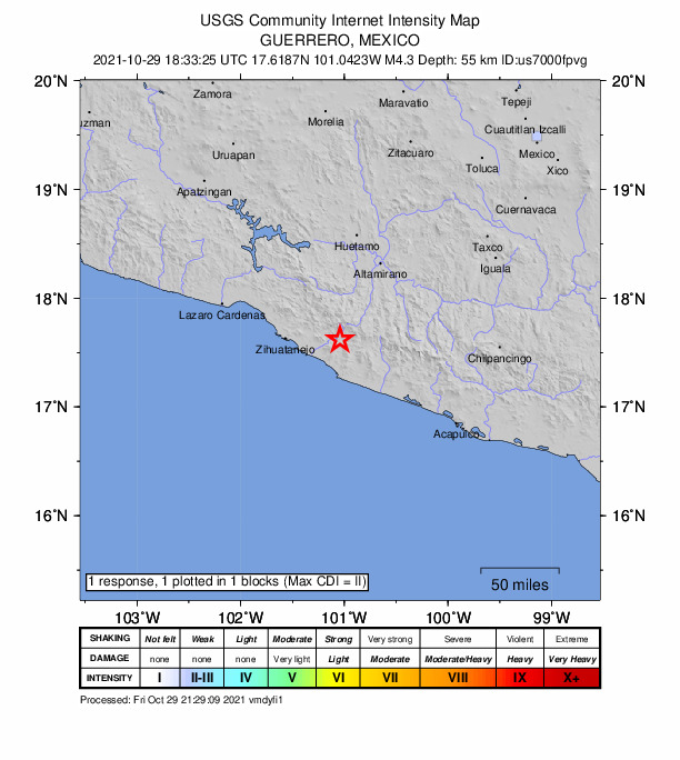 USGS DYFI community-reported intensity map for the M4.4 earthquake near 26 km SSW of Petatlán, Mexico