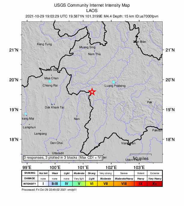 USGS DYFI community-reported intensity map for the M4.3 earthquake near 52 km NW of Sainyabuli, Laos