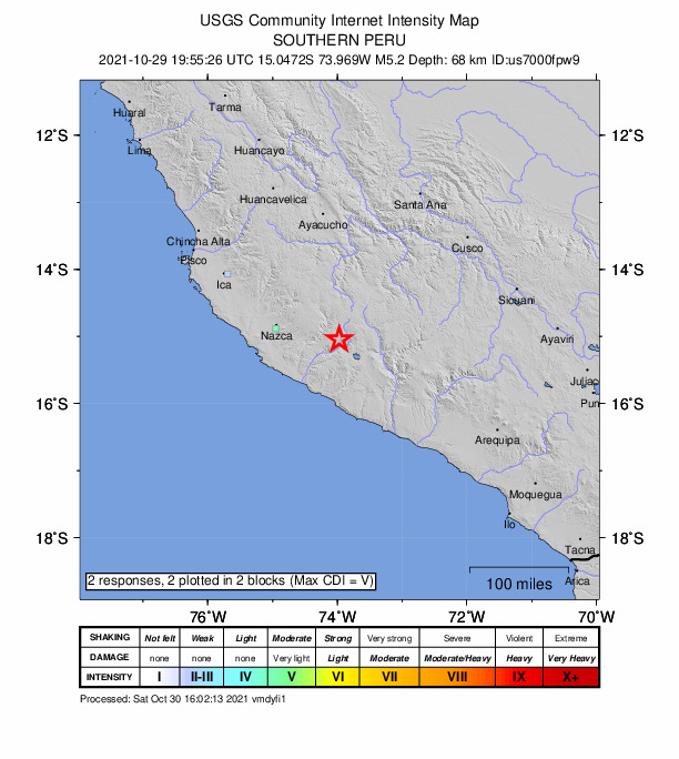 USGS DYFI community-reported intensity map for the M5.2 earthquake near 19 km W of Coracora, Peru