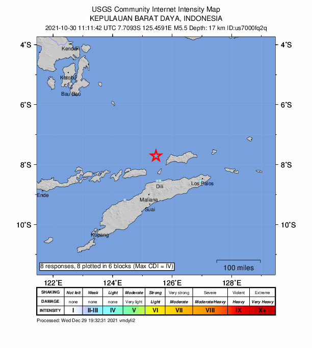 USGS DYFI community-reported intensity map for the M5.5 earthquake near 94 km N of Dili, Timor Leste