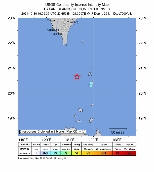 USGS DYFI community-reported intensity map for the M4.7 earthquake near 73 km WNW of Basco, Philippines