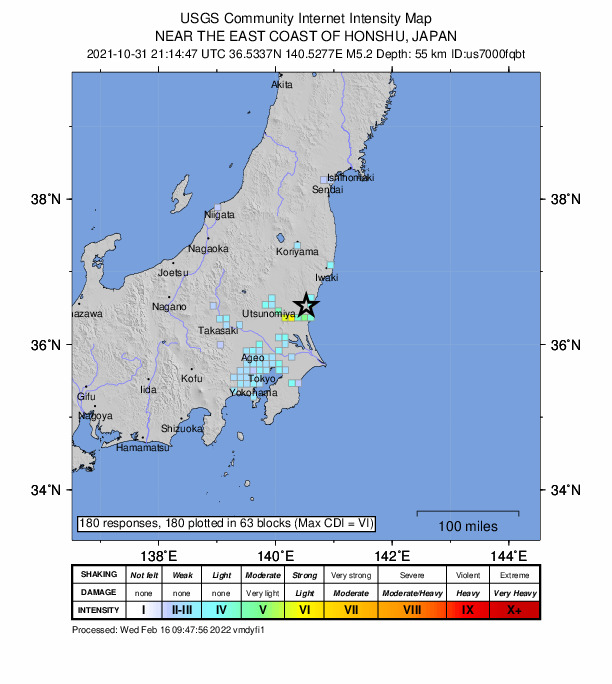 USGS DYFI community-reported intensity map for the M5.2 earthquake near 8 km NNW of Funaishikawa, Japan