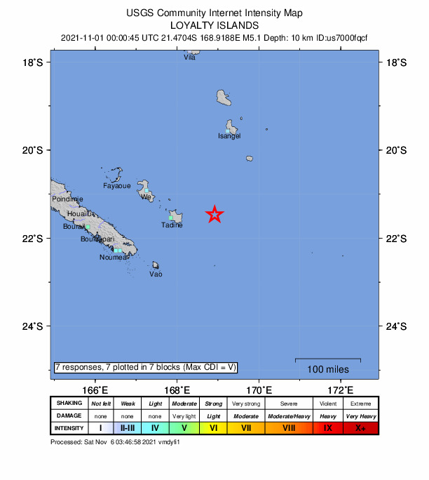 USGS DYFI community-reported intensity map for the M5.1 earthquake near 106 km E of Tadine, New Caledonia
