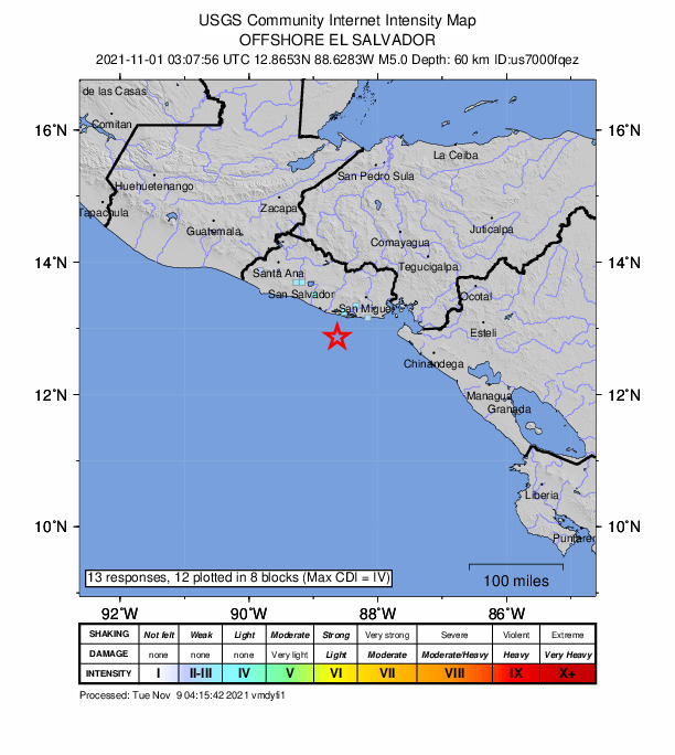 USGS DYFI community-reported intensity map for the M5.0 earthquake near off the coast of Central America