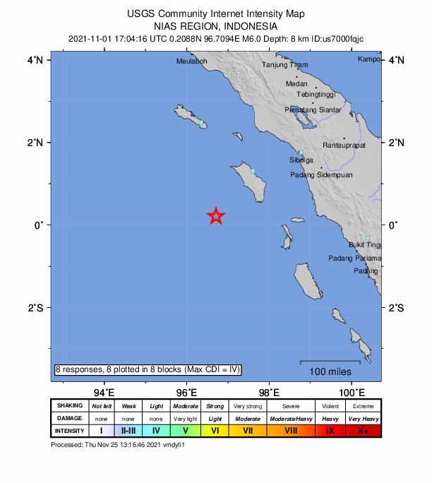 USGS DYFI community-reported intensity map for the M6.0 earthquake near 253 km S of Sinabang, Indonesia