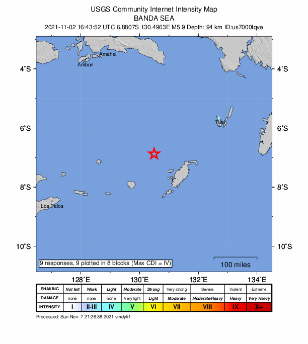 USGS DYFI community-reported intensity map for the M5.9 earthquake near 285 km WSW of Tual, Indonesia