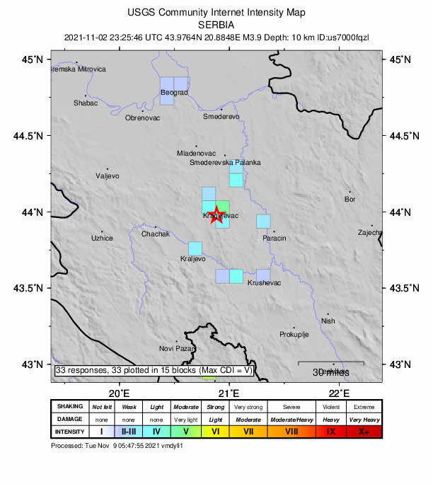 USGS DYFI community-reported intensity map for the M3.9 earthquake near 5 km SSW of Kragujevac, Serbia