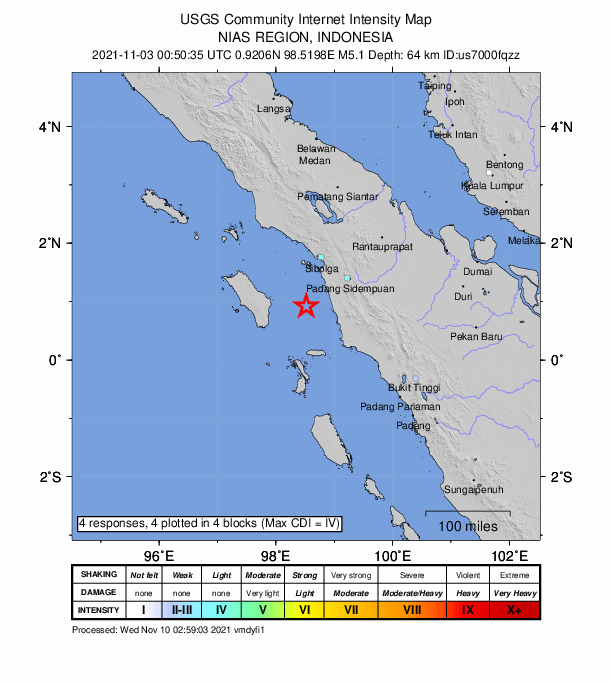 USGS DYFI community-reported intensity map for the M5.1 earthquake near 95 km SSW of Sibolga, Indonesia