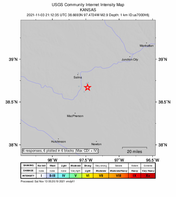USGS DYFI community-reported intensity map for the M2.9 earthquake near 5 km SW of Gypsum, Kansas